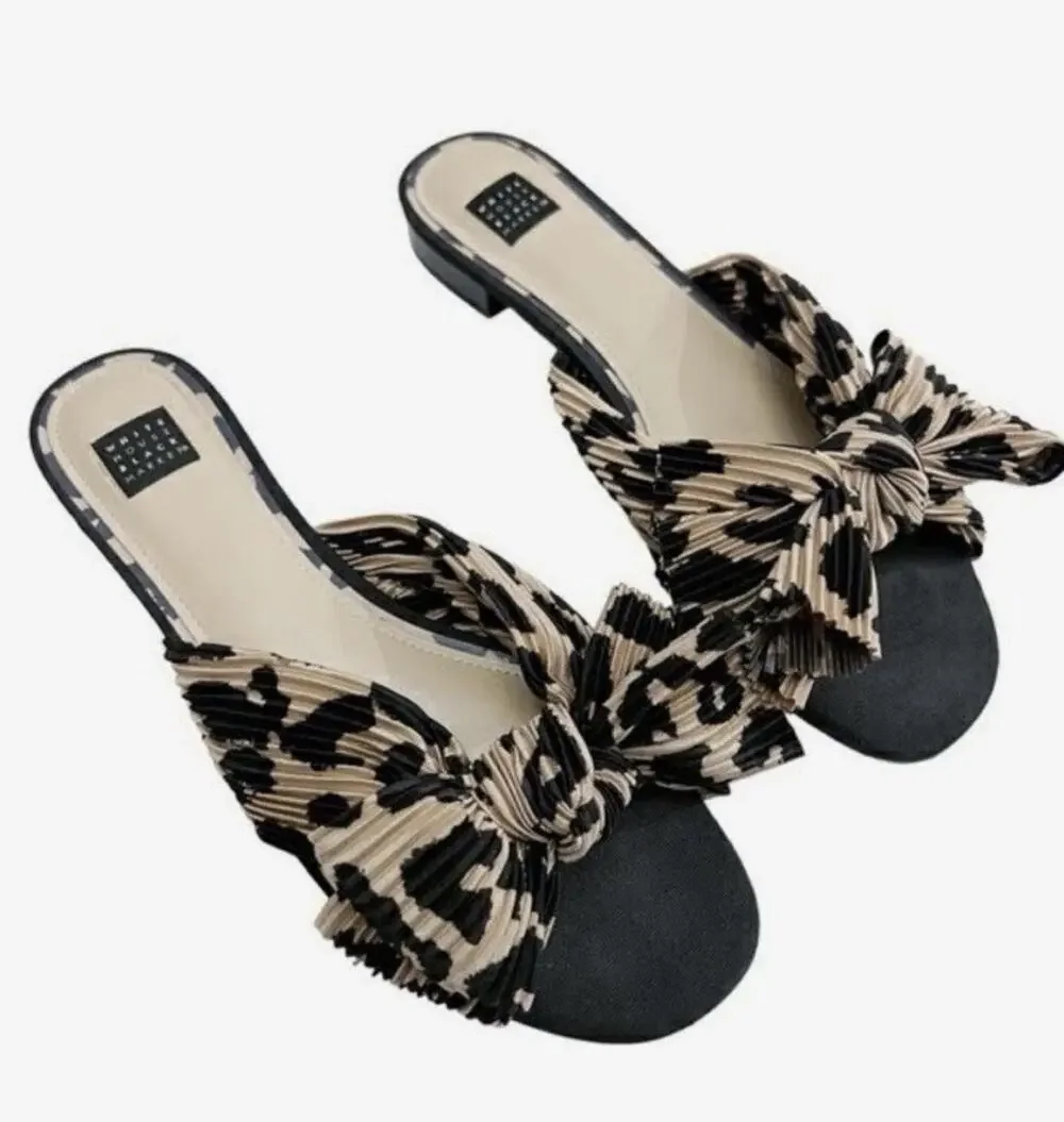 WHBM White House Black Market Bow Slide Sandals Womens 7M Leopard Print NEW
